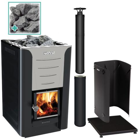 Harvia PRO 20 24kW Wood Burning Sauna Stove Kit w/ Chimney, Sheath, Floor Protection and Stones