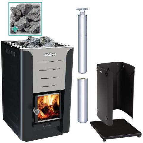 Harvia PRO 20 24kW Wood Burning Sauna Stove Kit w/ Chimney, Sheath, Floor Protection and Stones